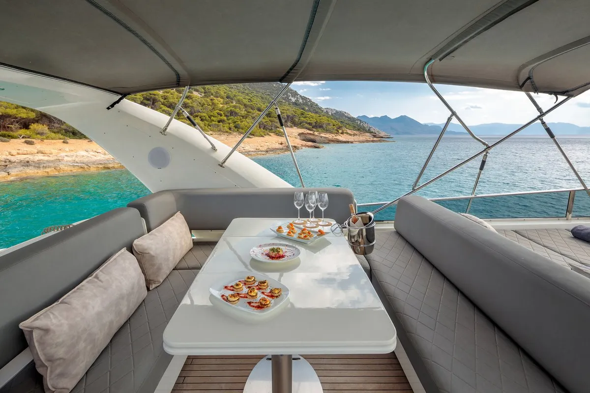 Cockpit of Freedom, a Alalunga 78 motor yacht at Athens, Greece