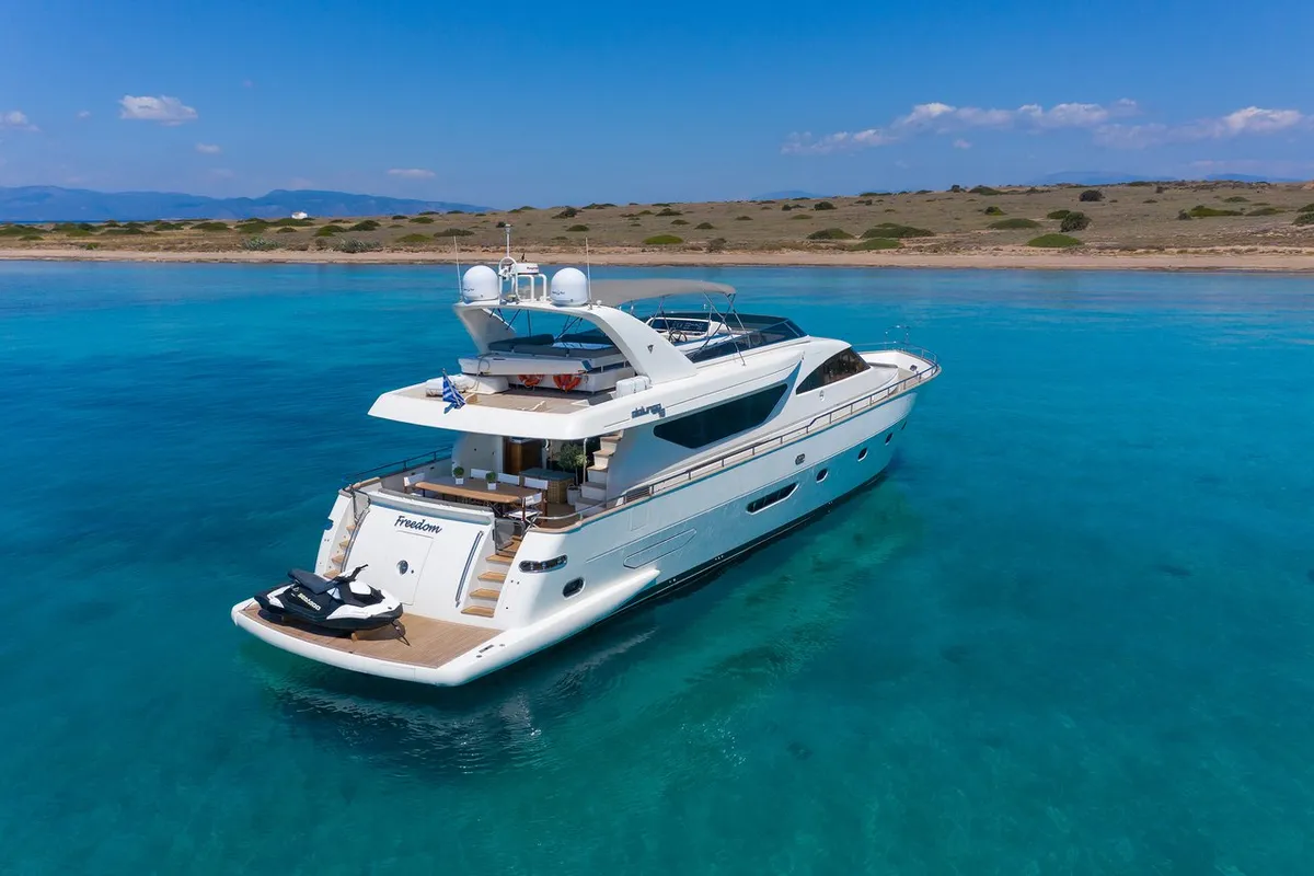 Exterior view of Freedom, a Alalunga 78 motor yacht at Athens, Greece