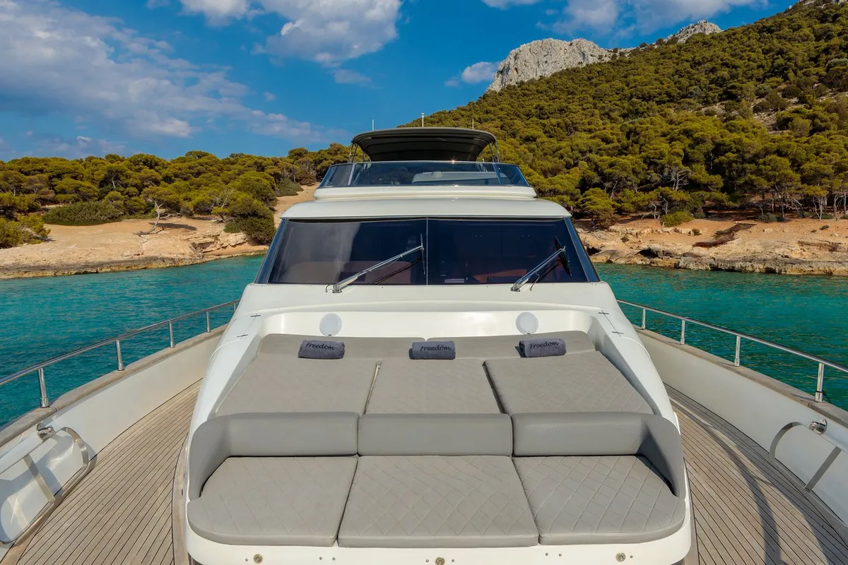Deck of Freedom, a Alalunga 78 motor yacht at Athens, Greece