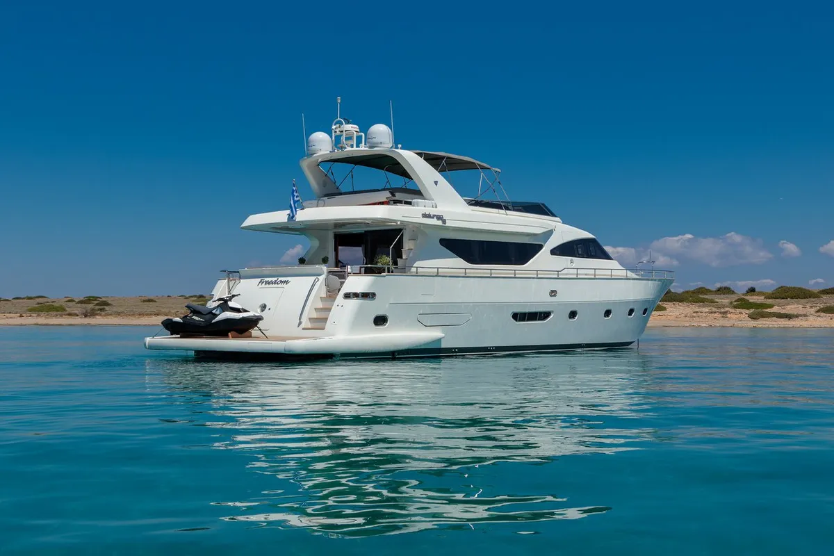 Exterior view of Freedom, a Alalunga 78 motor yacht at Athens, Greece