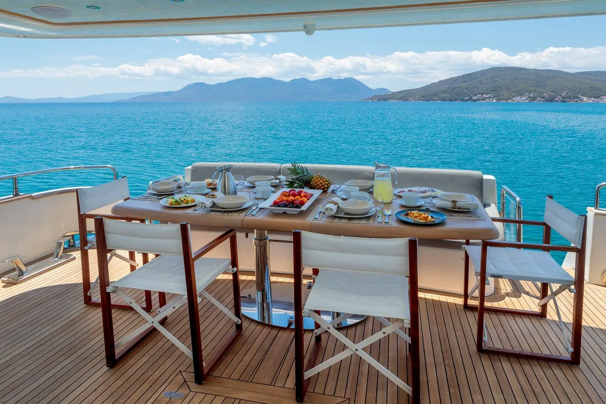 Deck of Freedom, a Alalunga 78 motor yacht at Athens, Greece