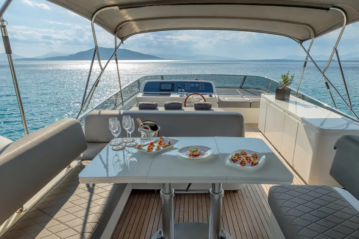 Deck of Freedom, a Alalunga 78 motor yacht at Athens, Greece