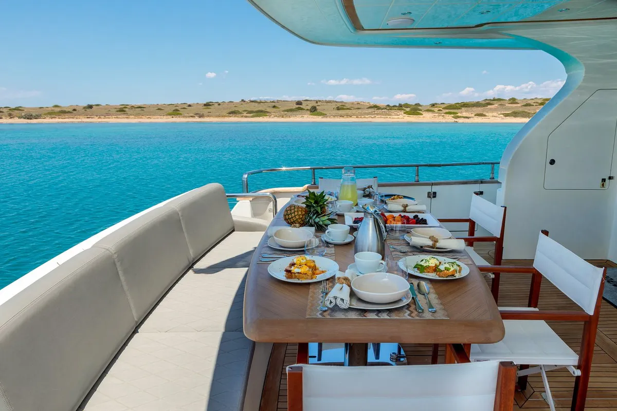 Deck of Freedom, a Alalunga 78 motor yacht at Athens, Greece