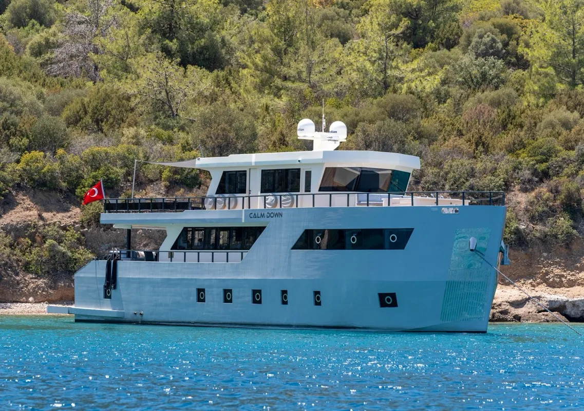 Exterior view of CALM DOWN, a Gulet Custom built 183 motor yacht at Bodrum, Turkey
