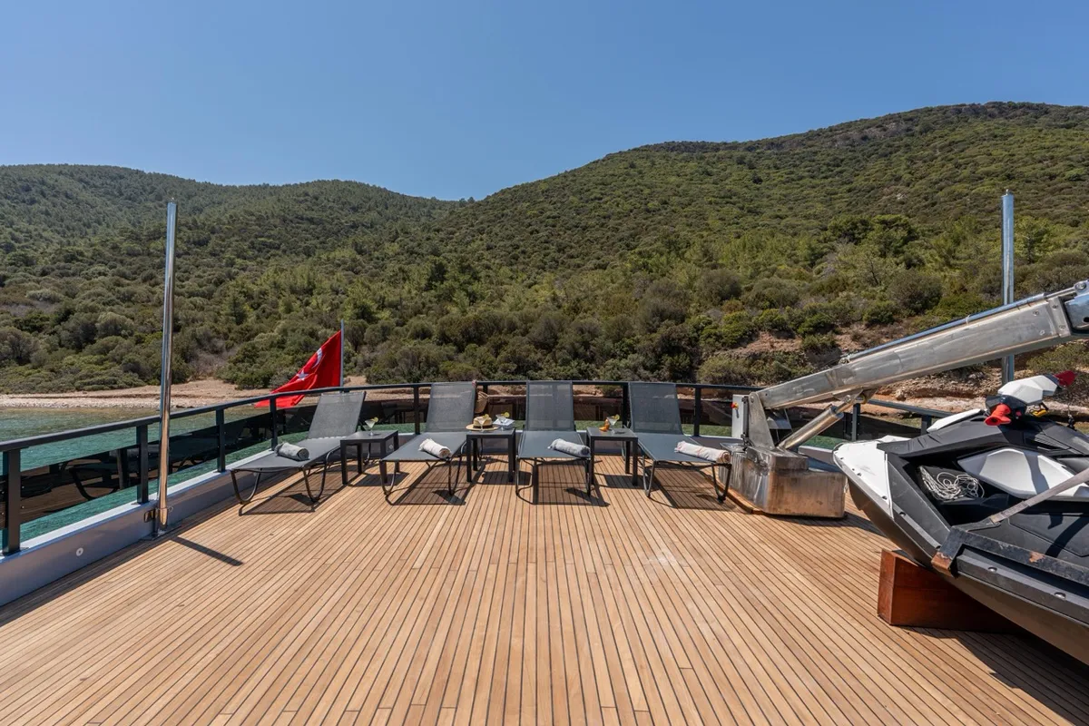 Deck of CALM DOWN, a Gulet Custom built 183 motor yacht at Bodrum, Turkey