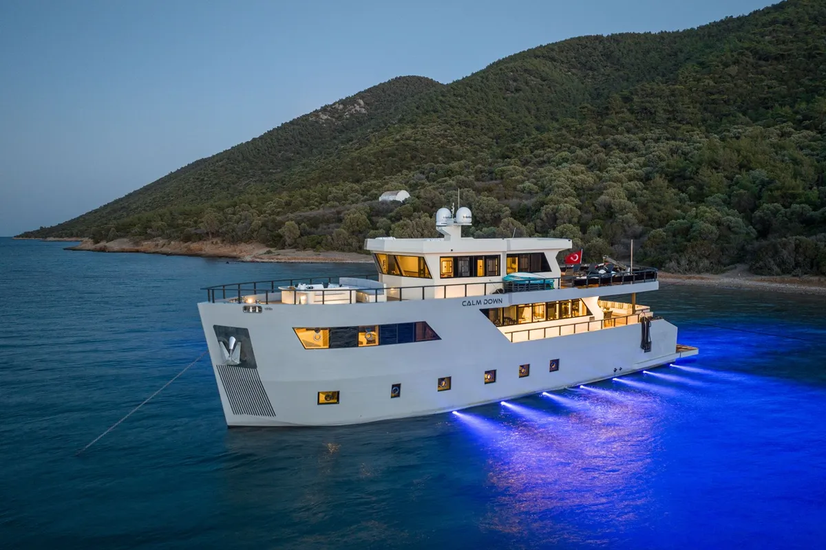 Exterior view of CALM DOWN, a Gulet Custom built 183 motor yacht at Bodrum, Turkey
