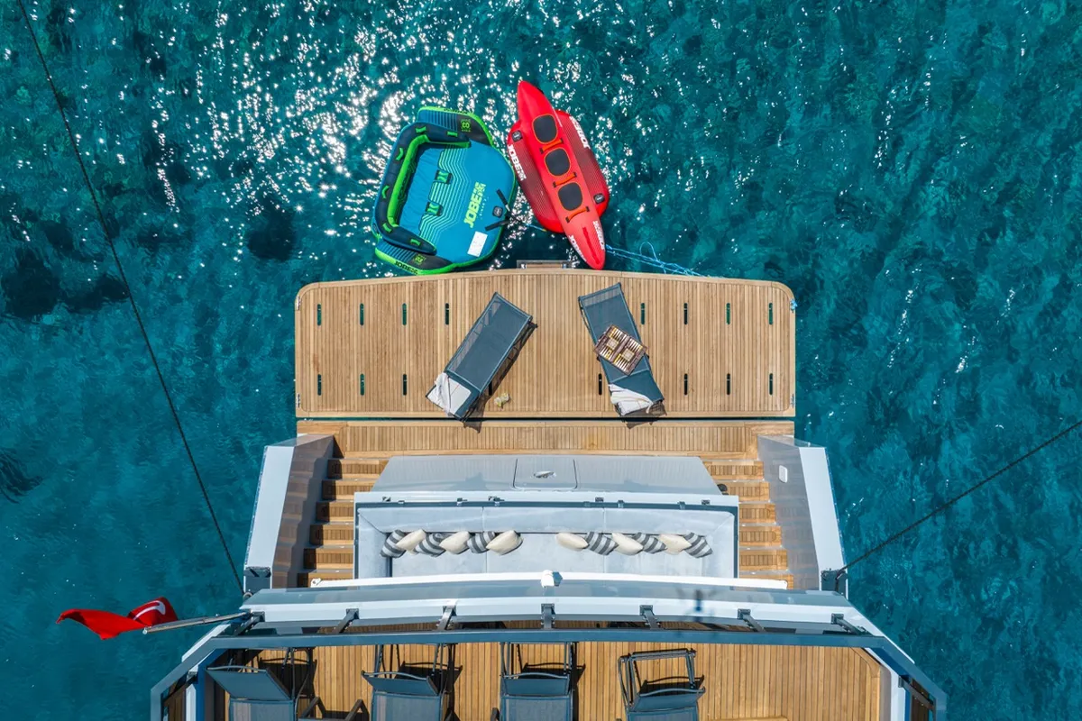 Deck of CALM DOWN, a Gulet Custom built 183 motor yacht at Bodrum, Turkey