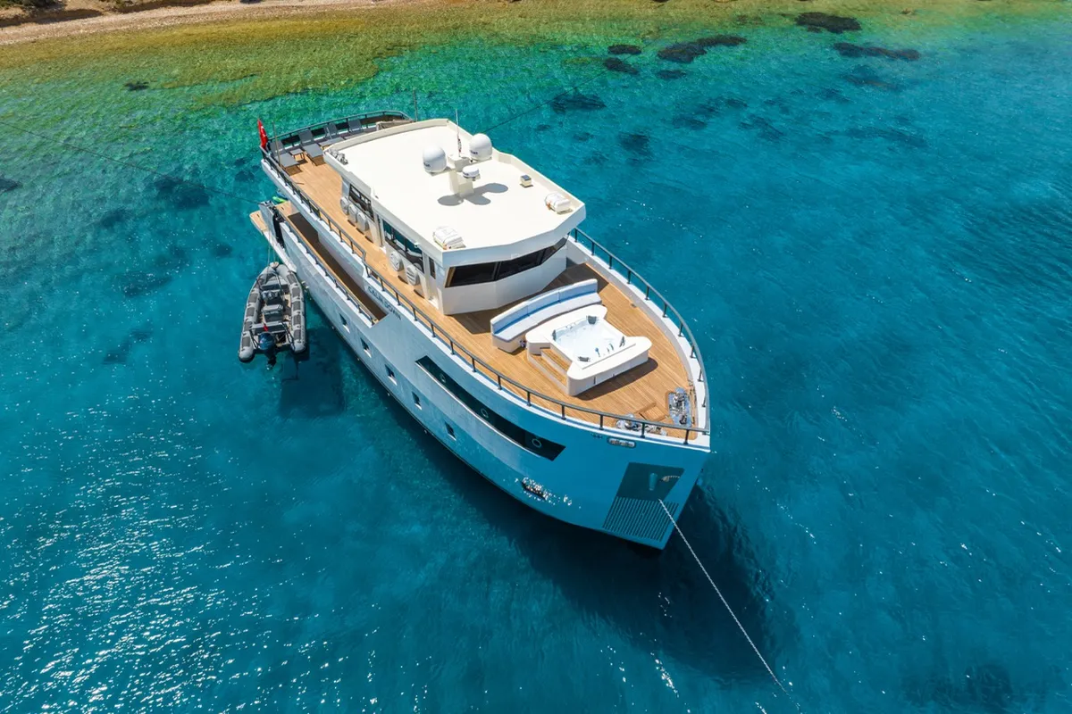 Exterior view of CALM DOWN, a Gulet Custom built 183 motor yacht at Bodrum, Turkey