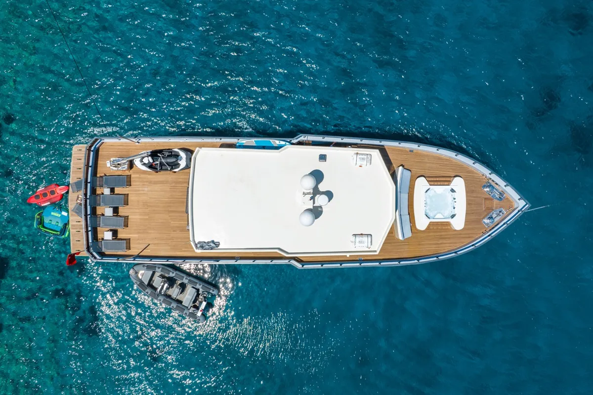 Exterior view of CALM DOWN, a Gulet Custom built 183 motor yacht at Bodrum, Turkey