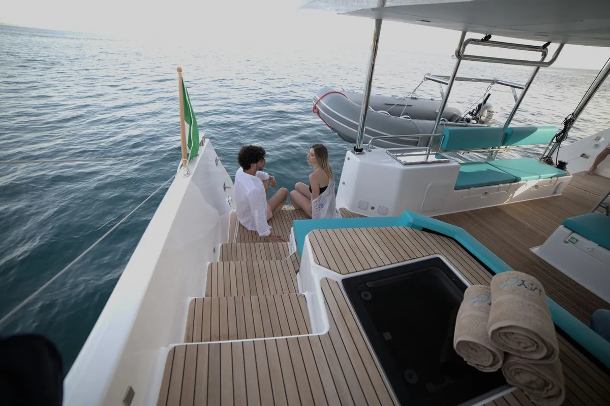 Deck of Inrada, a Dufour 48 Catamaran catamaran at Salerno, Italy
