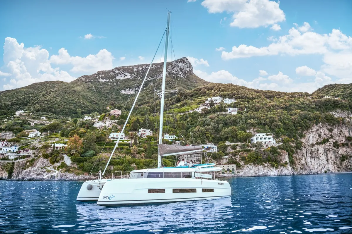 Exterior view of Inrada, a Dufour 48 Catamaran catamaran at Salerno, Italy
