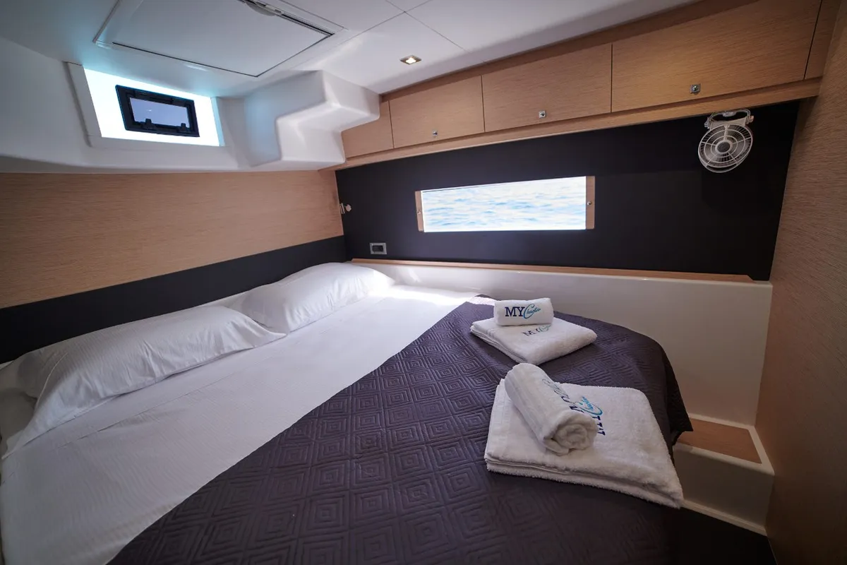 Cabin on Inrada, a Dufour 48 Catamaran catamaran at Salerno, Italy