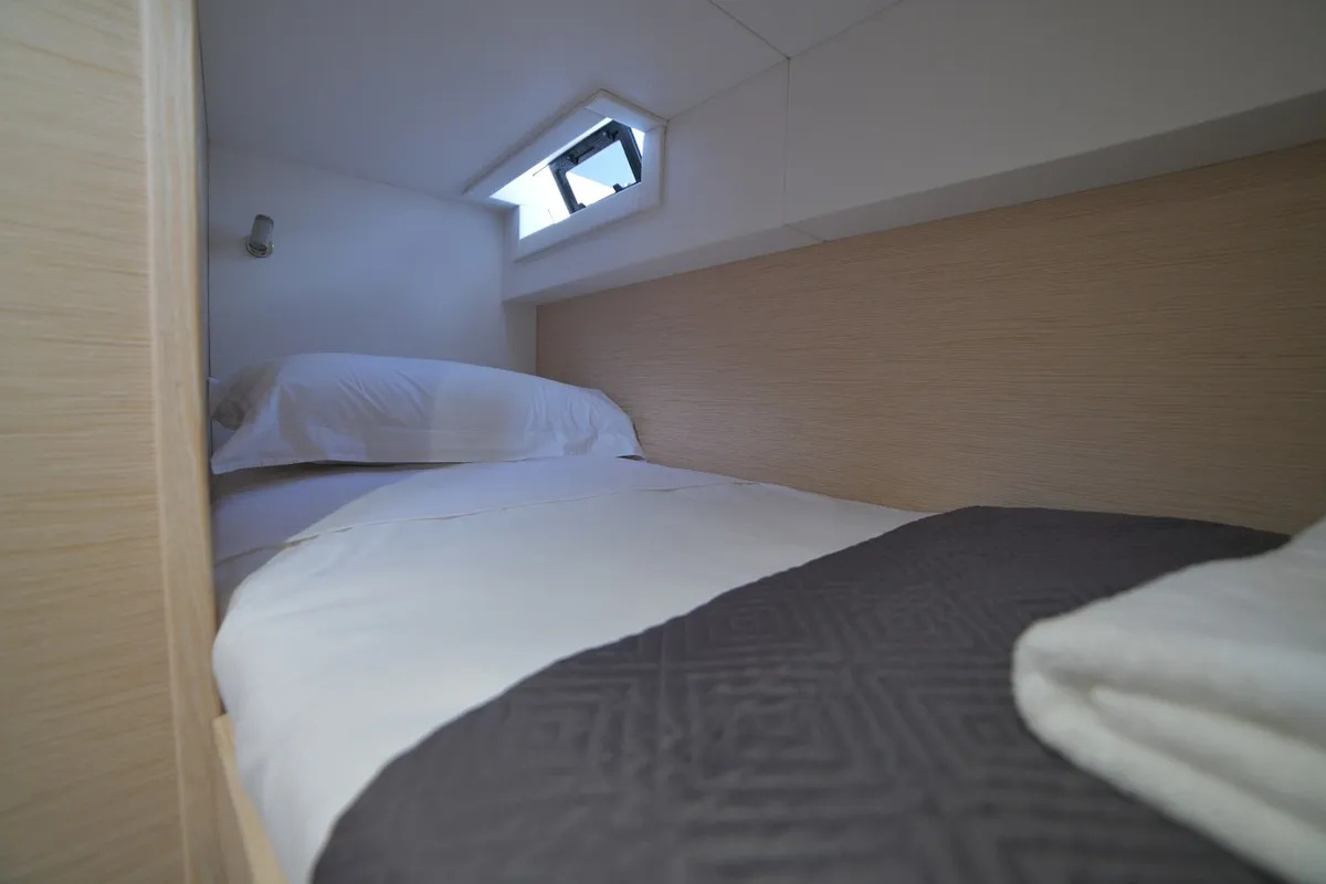 Cabin on Inrada, a Dufour 48 Catamaran catamaran at Salerno, Italy