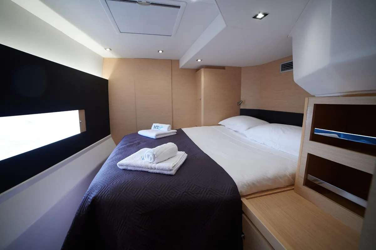 Cabin on Inrada, a Dufour 48 Catamaran catamaran at Salerno, Italy