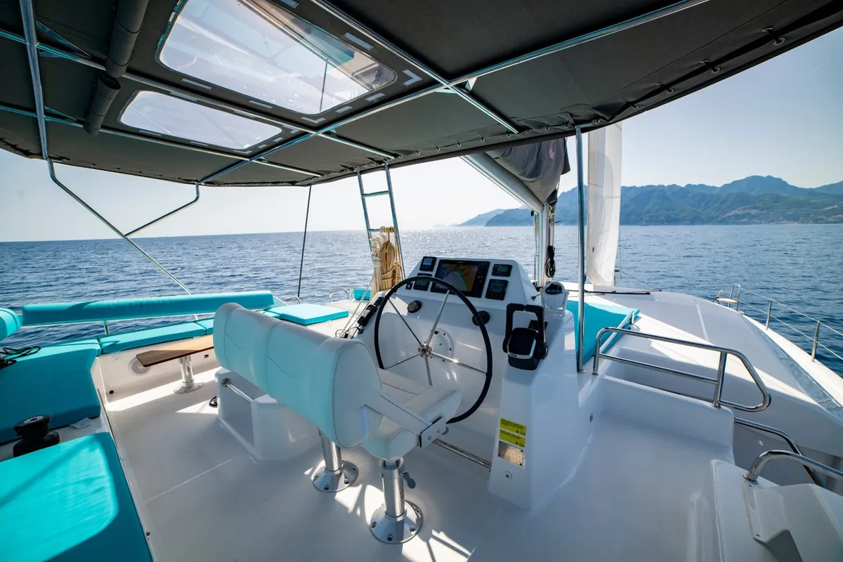 Cockpit of Inrada, a Dufour 48 Catamaran catamaran at Salerno, Italy