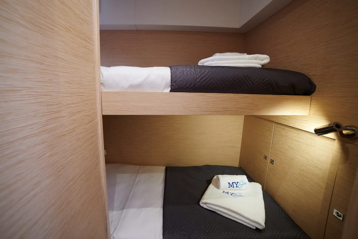 Cabin on Inrada, a Dufour 48 Catamaran catamaran at Salerno, Italy