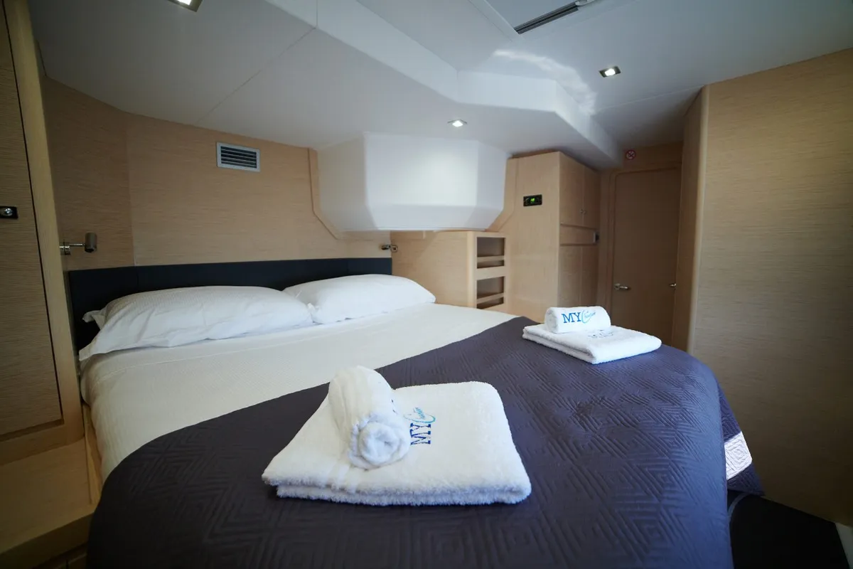 Cabin on Inrada, a Dufour 48 Catamaran catamaran at Salerno, Italy
