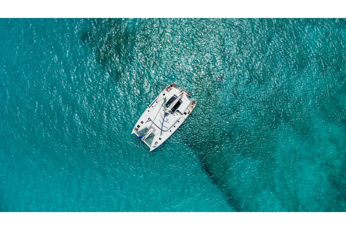 Exterior view of Tigrus, a Lagoon 50 catamaran at Roche Caiman, Seychelles