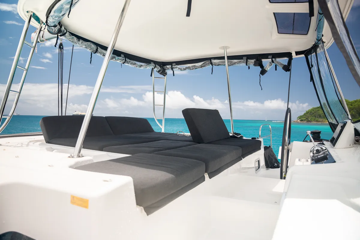 Deck of YUKI, a Lagoon 46 catamaran at Roche Caiman, Seychelles