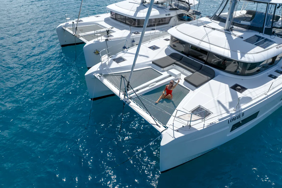 Exterior view of YUKI, a Lagoon 46 catamaran at Roche Caiman, Seychelles