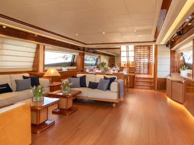 Salon of ESTIA YI, a Ferretti 880 motor yacht at Athens, Greece
