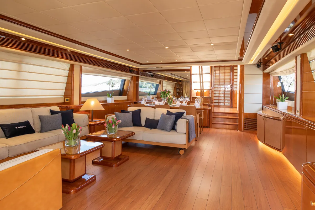 Salon of ESTIA YI, a Ferretti 880 motor yacht at Athens, Greece