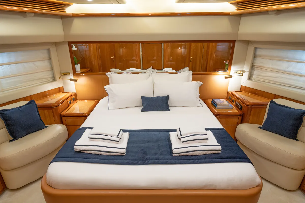 Cabin on ESTIA YI, a Ferretti 880 motor yacht at Athens, Greece