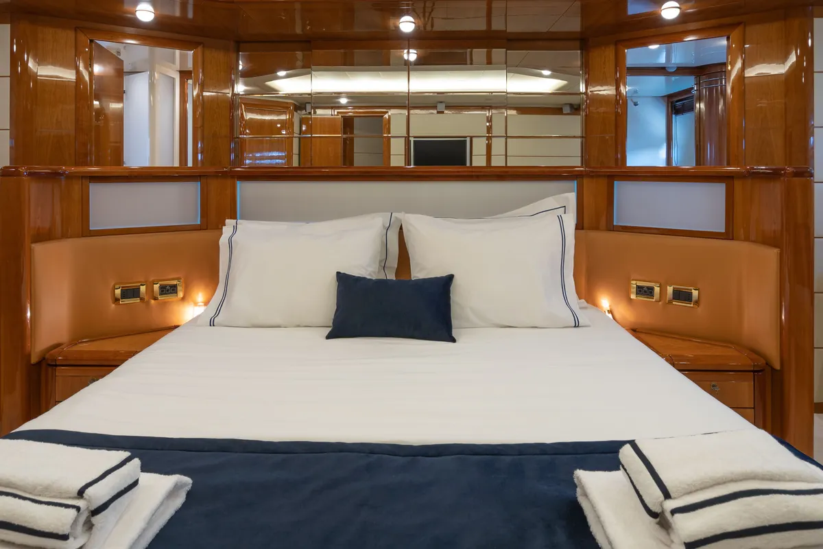 Cabin on ESTIA YI, a Ferretti 880 motor yacht at Athens, Greece