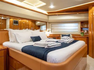 Cabin on ESTIA YI, a Ferretti 880 motor yacht at Athens, Greece