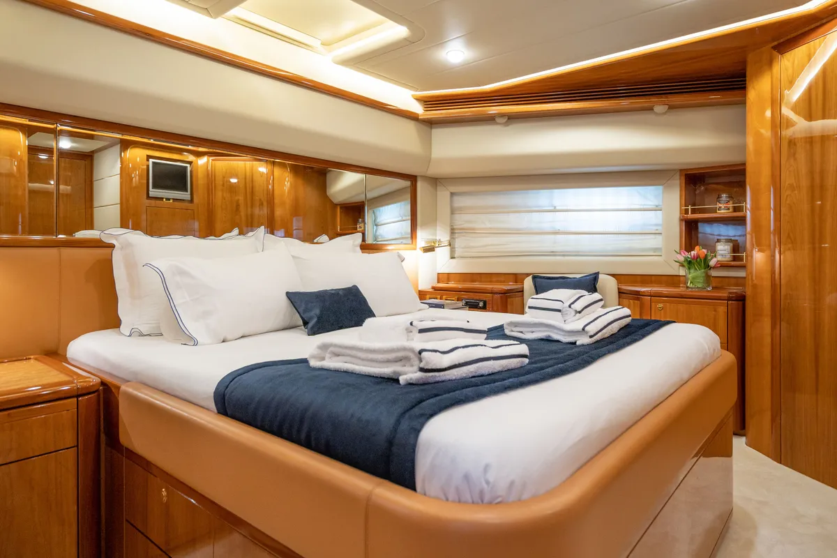 Cabin on ESTIA YI, a Ferretti 880 motor yacht at Athens, Greece