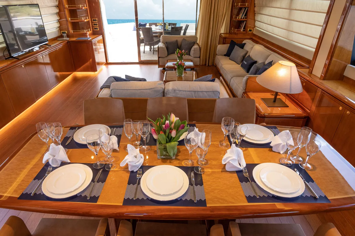 Salon of ESTIA YI, a Ferretti 880 motor yacht at Athens, Greece