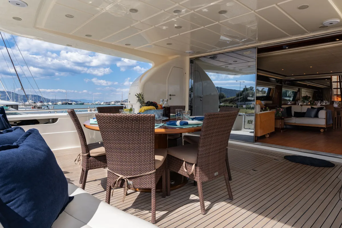Deck of ESTIA YI, a Ferretti 880 motor yacht at Athens, Greece