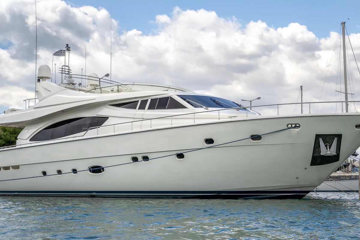 Exterior view of ESTIA YI, a Ferretti 880 motor yacht at Athens, Greece