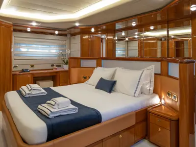 Cabin on ESTIA YI, a Ferretti 880 motor yacht at Athens, Greece