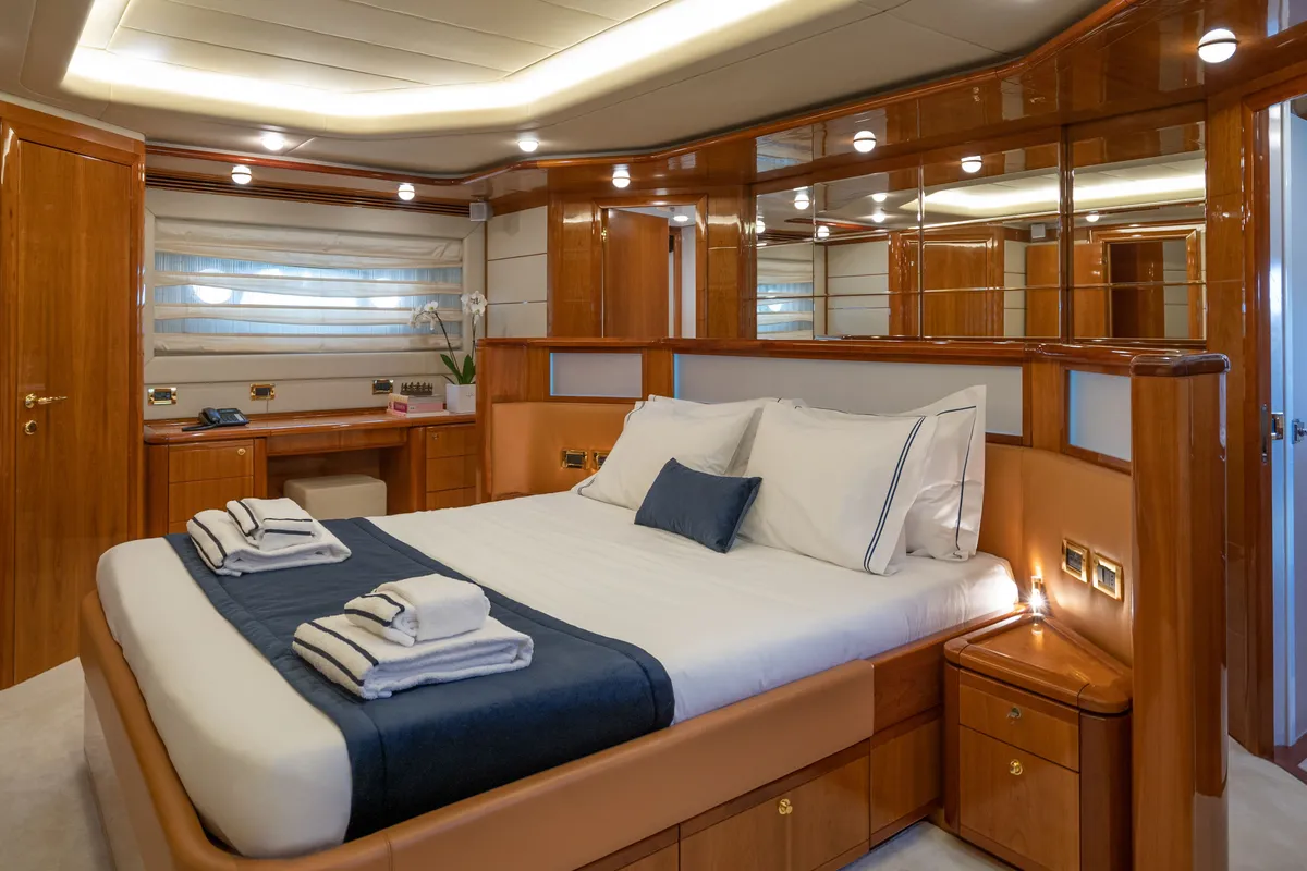 Cabin on ESTIA YI, a Ferretti 880 motor yacht at Athens, Greece