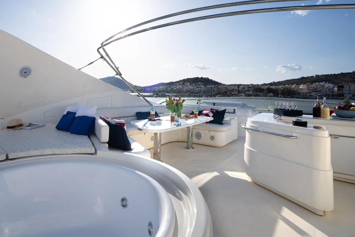 Deck of ESTIA YI, a Ferretti 880 motor yacht at Athens, Greece