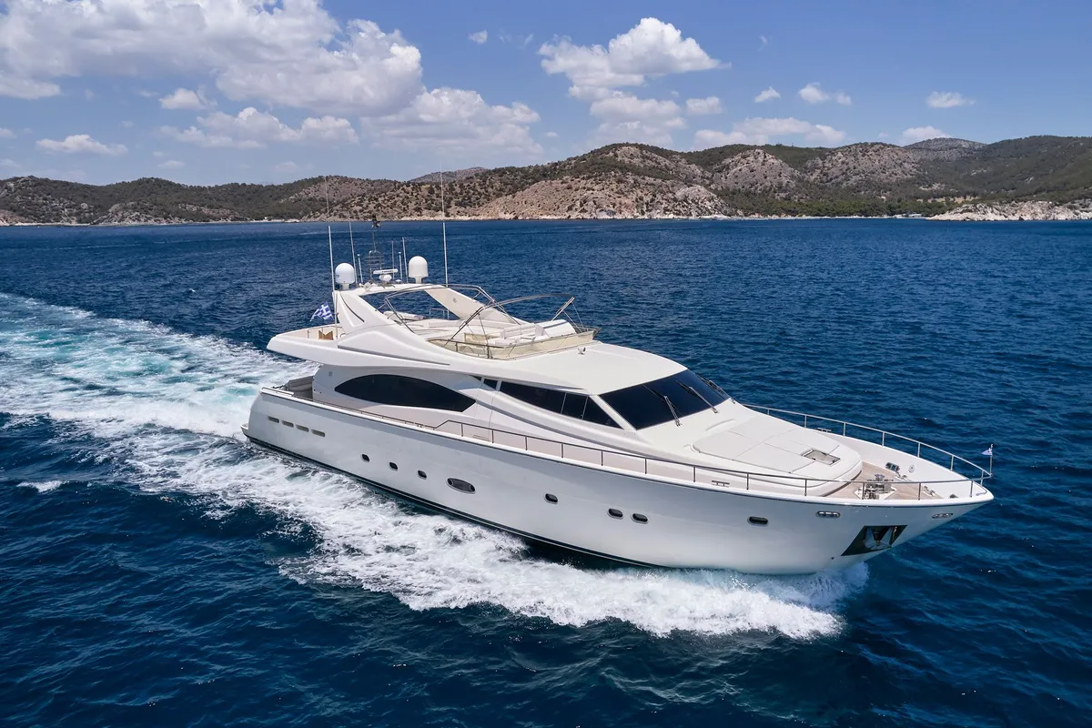 Exterior view of ESTIA YI, a Ferretti 880 motor yacht at Athens, Greece