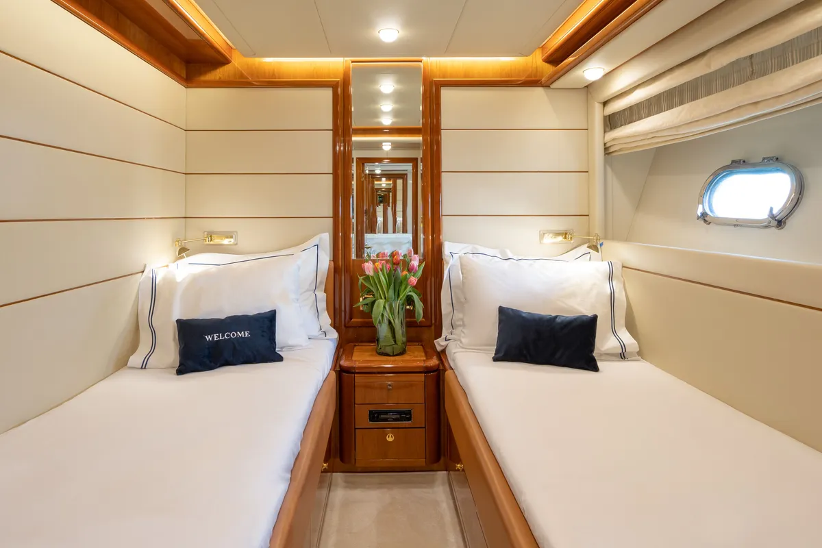 Cabin on ESTIA YI, a Ferretti 880 motor yacht at Athens, Greece