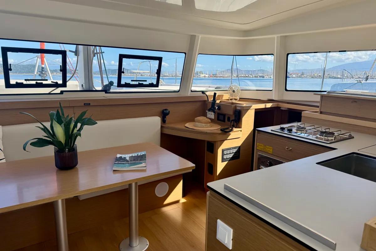 Salon of HELLENIC BREEZE, a Excess 11 catamaran at Preveza, Greece