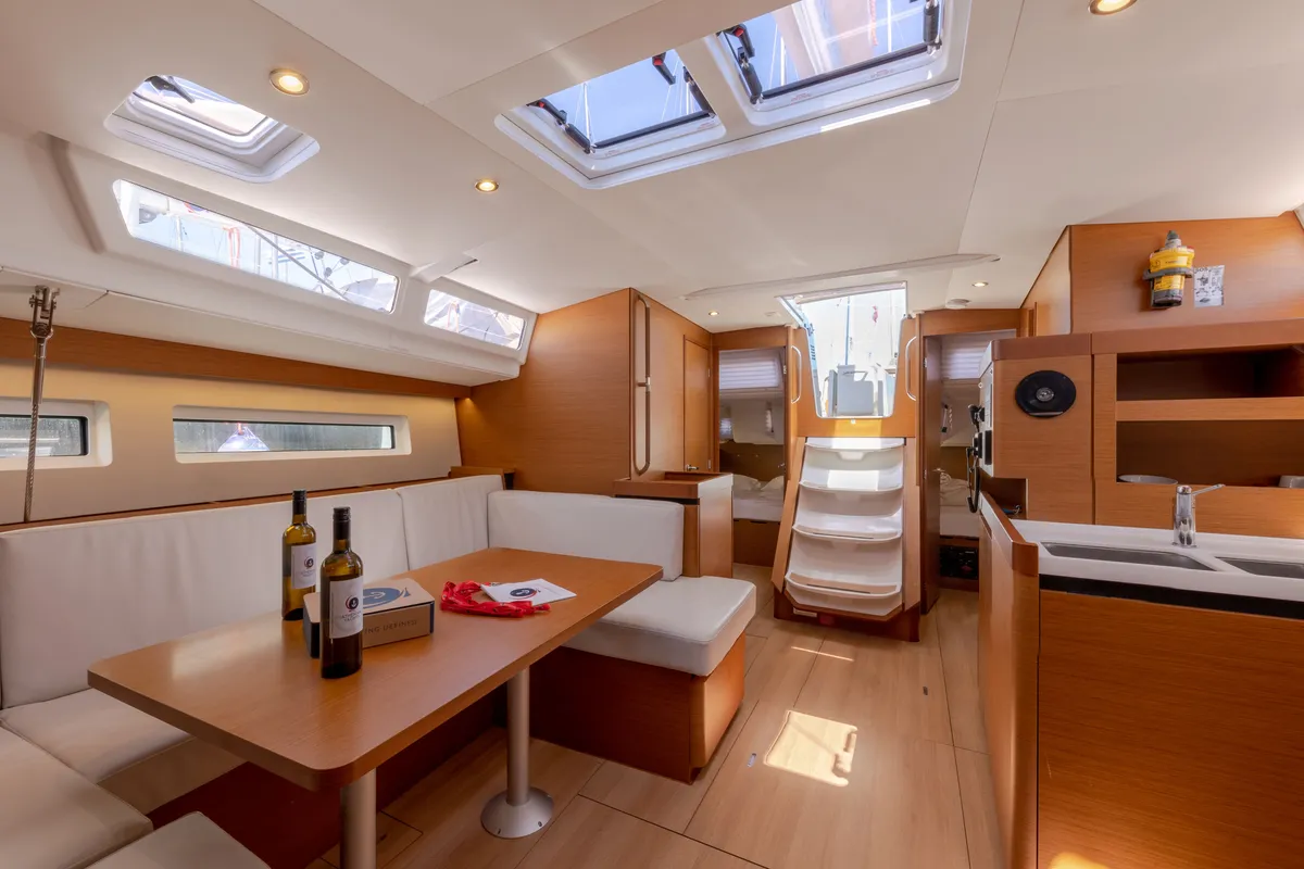 Salon of Mare Mia, a Jeanneau Sun Odyssey 490 sailboat at Marpissa, Greece
