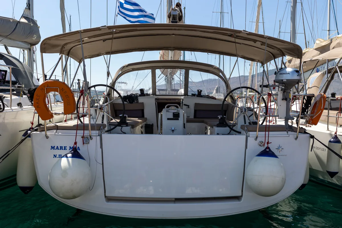 Exterior view of Mare Mia, a Jeanneau Sun Odyssey 490 sailboat at Marpissa, Greece