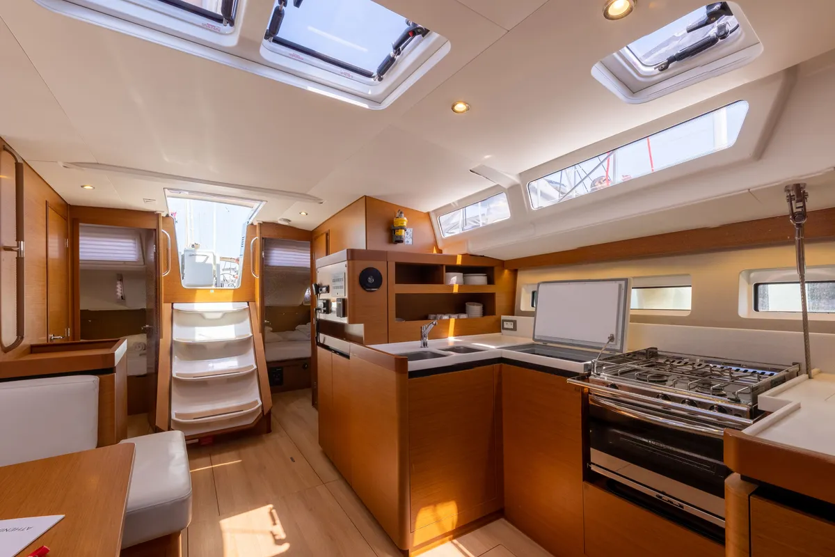 Galley of Mare Mia, a Jeanneau Sun Odyssey 490 sailboat at Marpissa, Greece