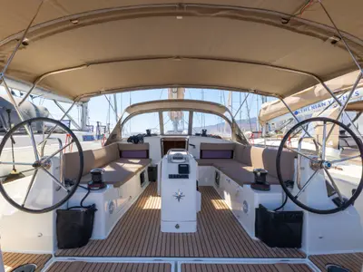 Cockpit of Mare Mia, a Jeanneau Sun Odyssey 490 sailboat at Marpissa, Greece