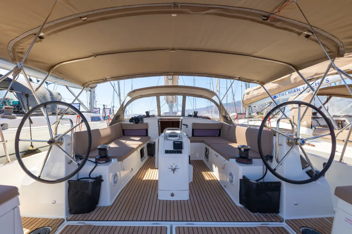 Cockpit of Mare Mia, a Jeanneau Sun Odyssey 490 sailboat at Marpissa, Greece