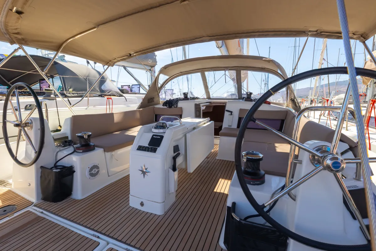 Cockpit of Mare Mia, a Jeanneau Sun Odyssey 490 sailboat at Marpissa, Greece