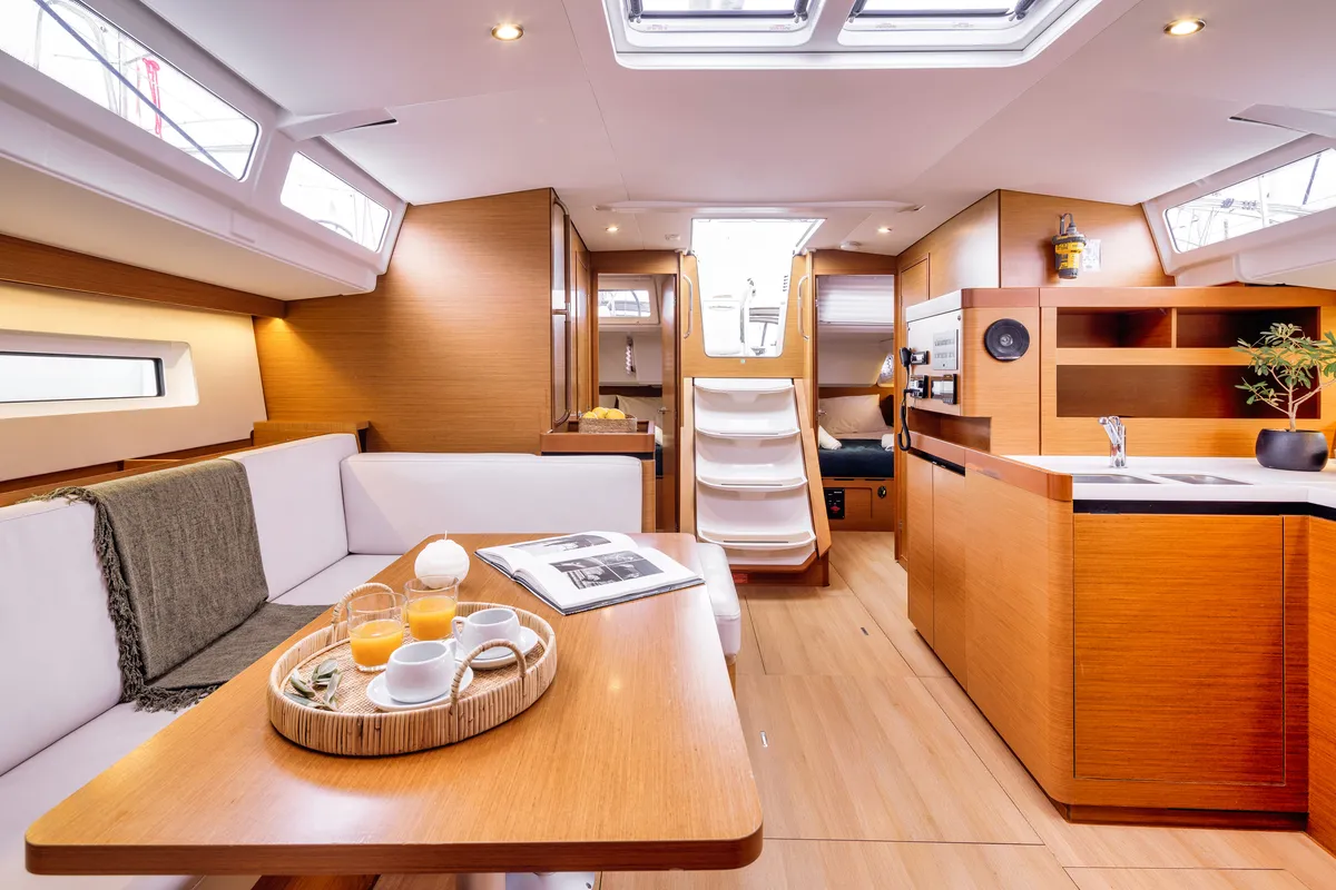 Salon of Mare Mia, a Jeanneau Sun Odyssey 490 sailboat at Marpissa, Greece