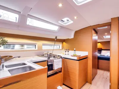 Galley of Mare Mia, a Jeanneau Sun Odyssey 490 sailboat at Marpissa, Greece