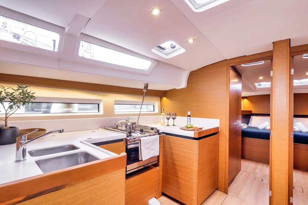 Galley of Mare Mia, a Jeanneau Sun Odyssey 490 sailboat at Marpissa, Greece