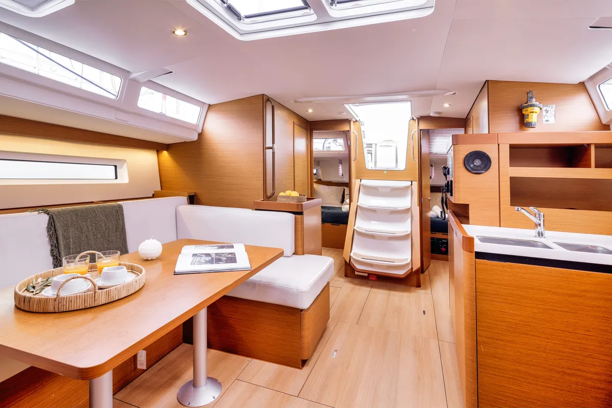 Salon of Mare Mia, a Jeanneau Sun Odyssey 490 sailboat at Marpissa, Greece