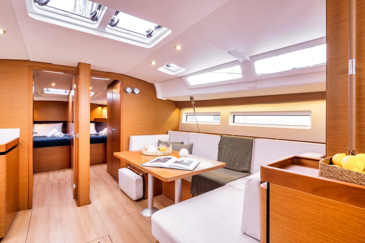 Salon of Mare Mia, a Jeanneau Sun Odyssey 490 sailboat at Marpissa, Greece